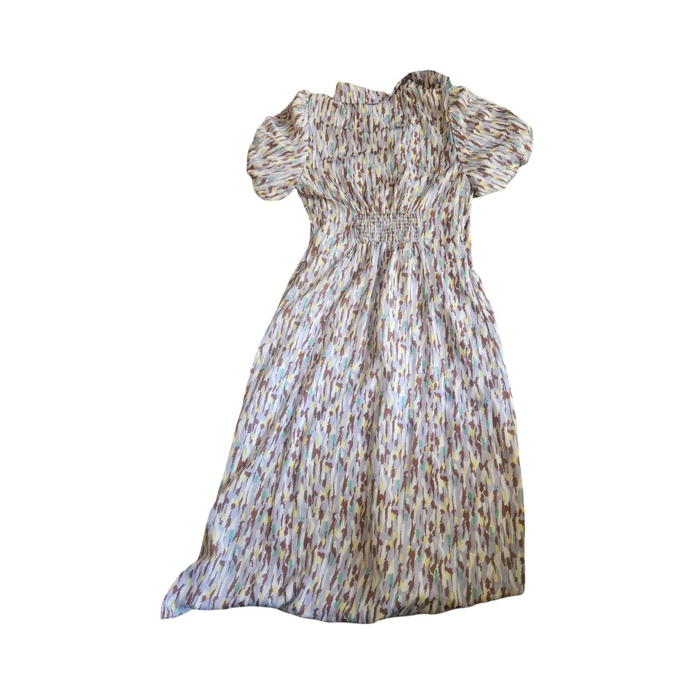 Mellowday XS Abstract Brushstroke Print Puff Sleeve Smocked Back Midi Dress